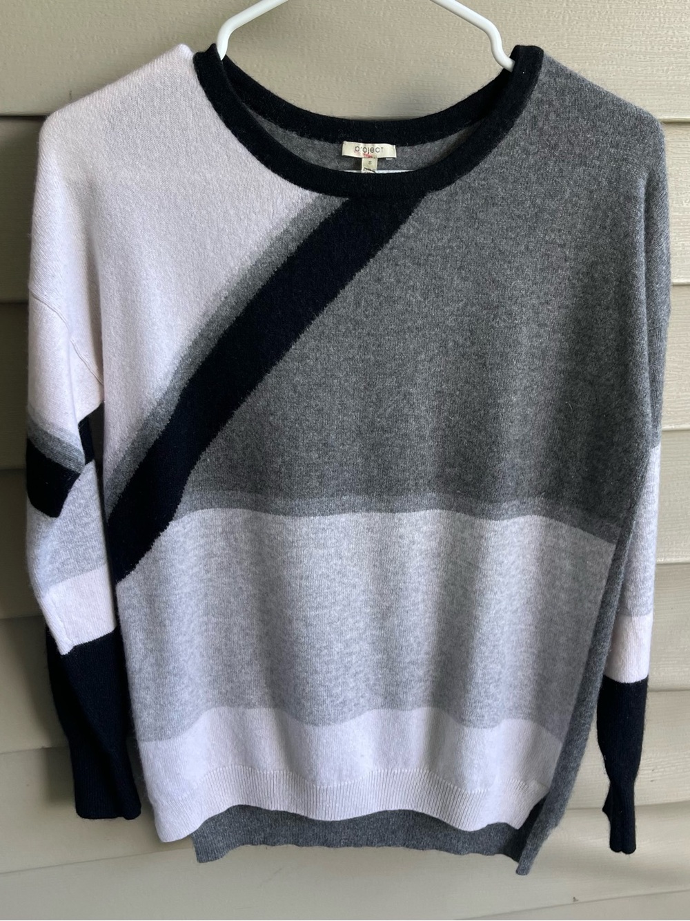100 Cashmere Colorblock Geo Sweater Grey Cream Black Quiet Luxury Capsule Size S